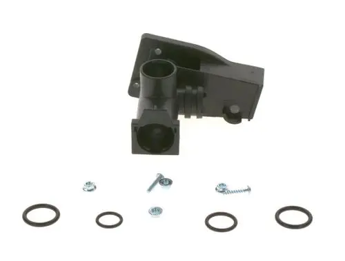 Schwarzes Kunststoffgehäuse mit Anschluss für einen Vorlauf-Bypass, begleitet von Schrauben und Dichtungsringen. Bosch-Produkt.